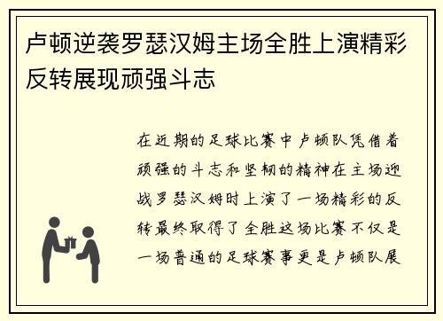 卢顿逆袭罗瑟汉姆主场全胜上演精彩反转展现顽强斗志