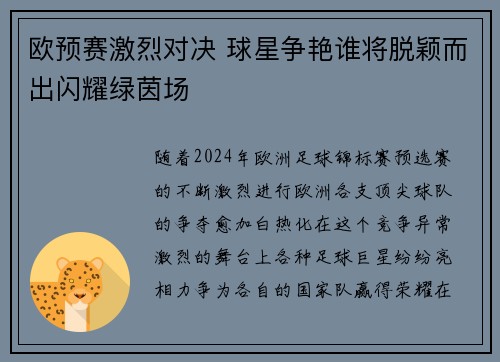 欧预赛激烈对决 球星争艳谁将脱颖而出闪耀绿茵场