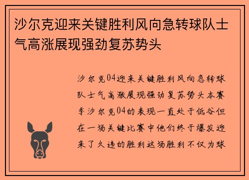 沙尔克迎来关键胜利风向急转球队士气高涨展现强劲复苏势头