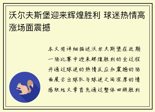 沃尔夫斯堡迎来辉煌胜利 球迷热情高涨场面震撼