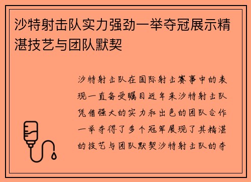 沙特射击队实力强劲一举夺冠展示精湛技艺与团队默契