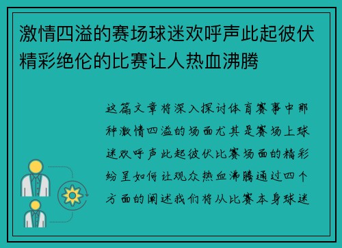 激情四溢的赛场球迷欢呼声此起彼伏精彩绝伦的比赛让人热血沸腾