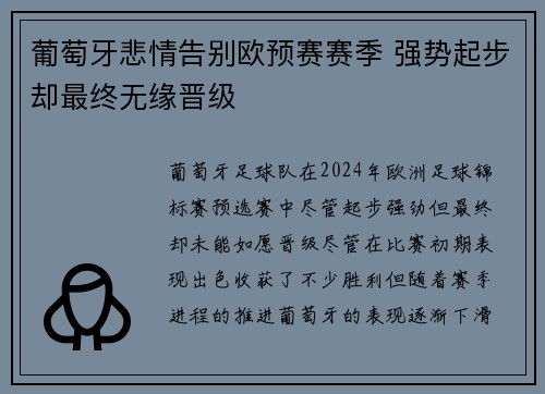 葡萄牙悲情告别欧预赛赛季 强势起步却最终无缘晋级