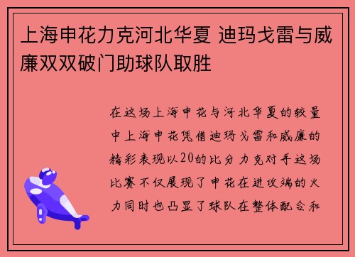 上海申花力克河北华夏 迪玛戈雷与威廉双双破门助球队取胜
