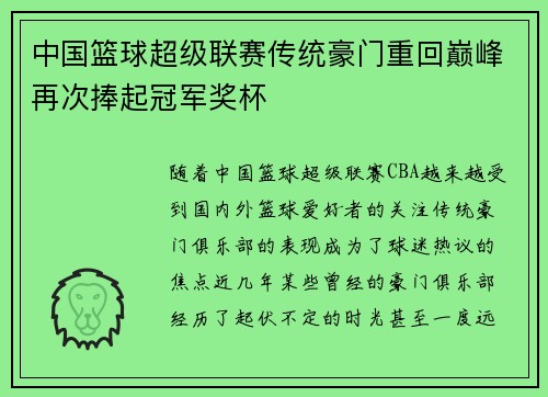 中国篮球超级联赛传统豪门重回巅峰再次捧起冠军奖杯